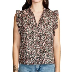 BB Dakota x Steve Madden Black Pink Floral Ruffle Sleeve Cotton Top Size S